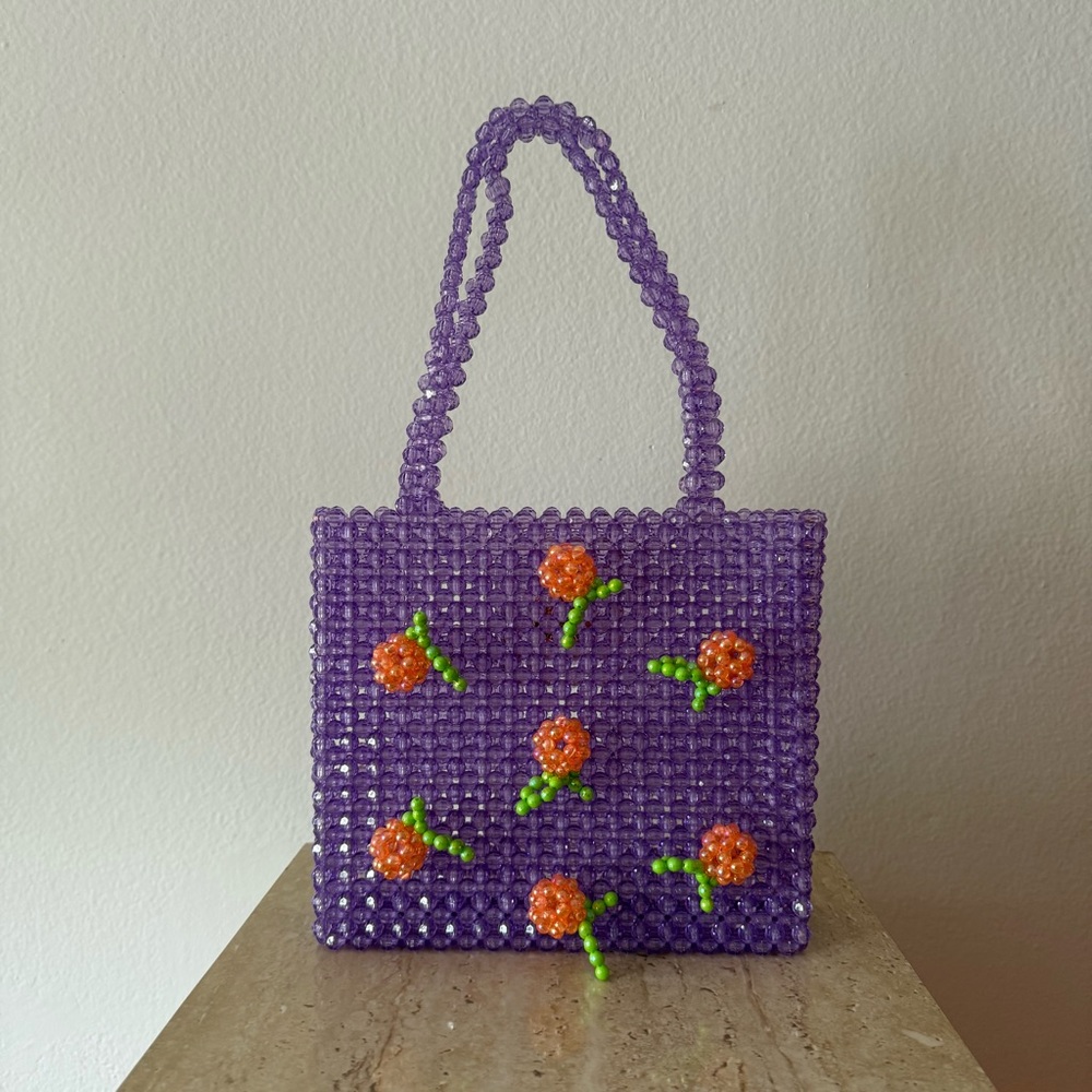 Susan Alexandra Purple Beaded Shoulder Bag with Orange Flower Accents